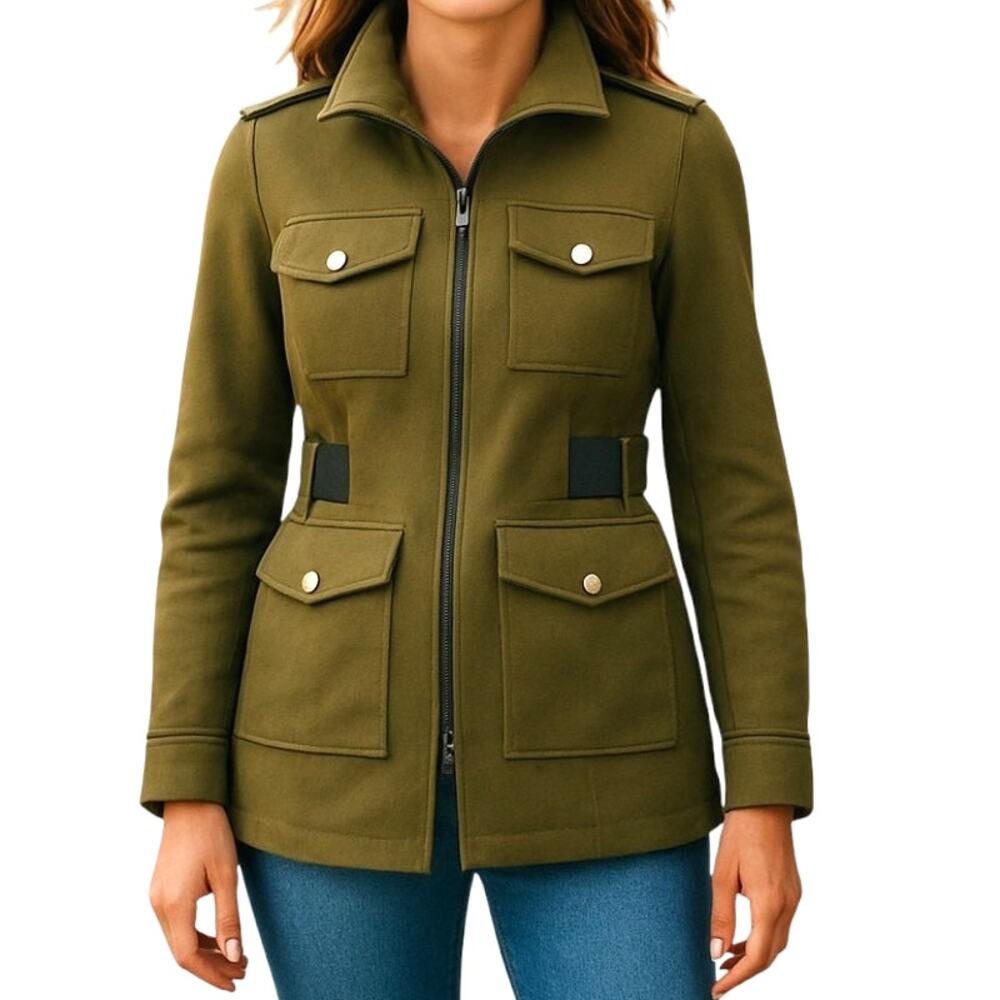 bobi BLACK Los Angeles Military Green Jacket Size Small Full Ziper Attached Belt